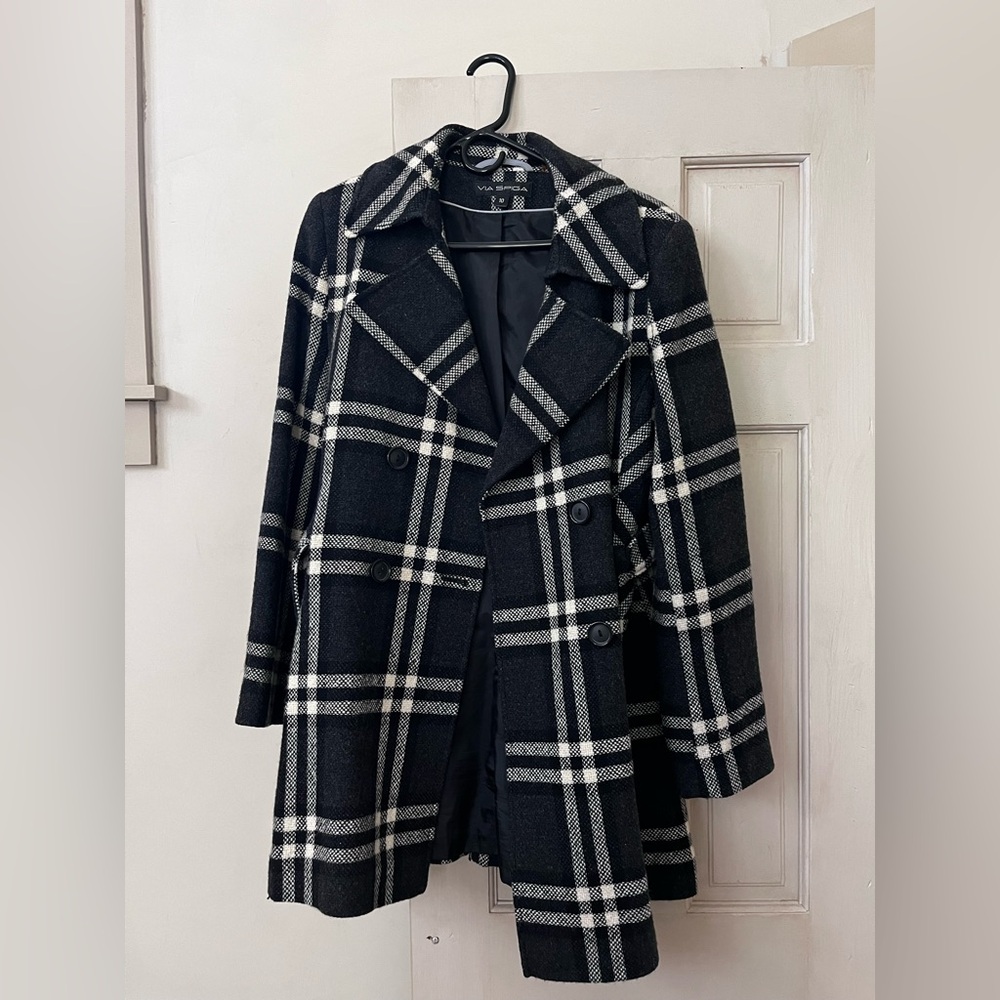 Via Spiga Black and White Plaid Pea Coat